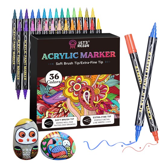 LET'S RESIN; LET'S RESIN 36 Acrylic Paint Pens Markers, Dual Tip Fine&Brush Paint Markers, Strong Coverage Bright Colors Paint Pens for Rocks, Canvas, Wood, Glass,Fabric, Plastic, Acrylic Paint Set; Category:Permanent Markers; Image:1